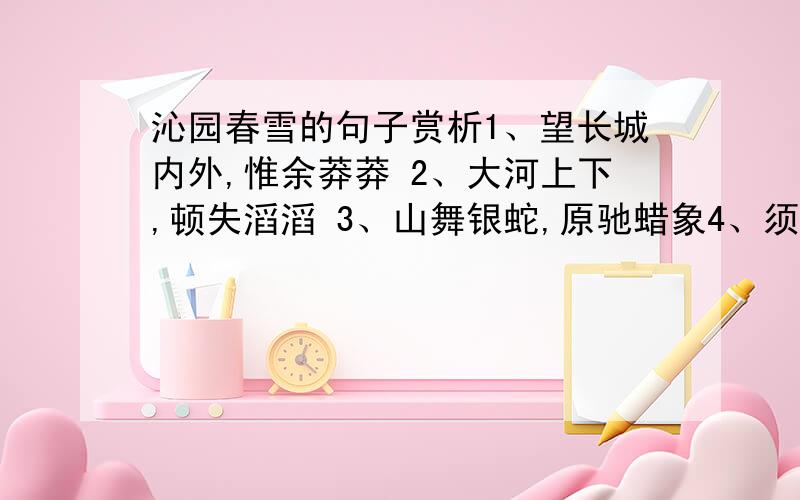 沁园春雪的句子赏析1、望长城内外,惟余莽莽 2、大河上下,顿失滔滔 3、山舞银蛇,原驰蜡象4、须晴日,看红装素裹,分外妖