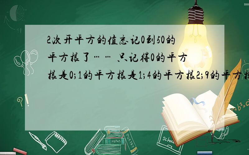 2次开平方的值忘记0到50的平方根了…… 只记得0的平方根是0；1的平方根是1；4的平方根2；9的平方根是3；16的平方