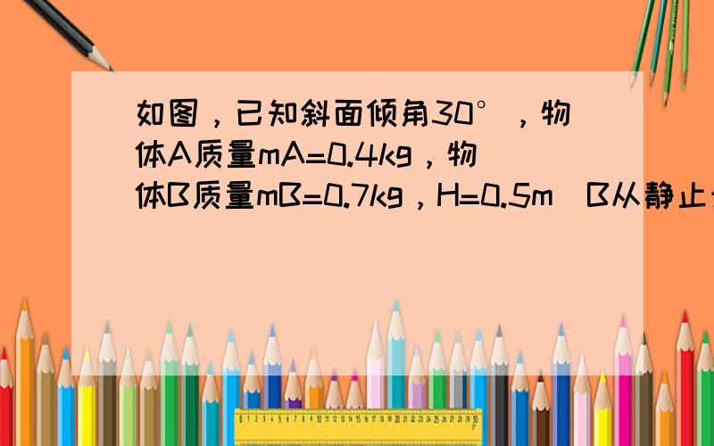 如图，已知斜面倾角30°，物体A质量mA=0.4kg，物体B质量mB=0.7kg，H=0.5m．B从静止开始和A一起运动