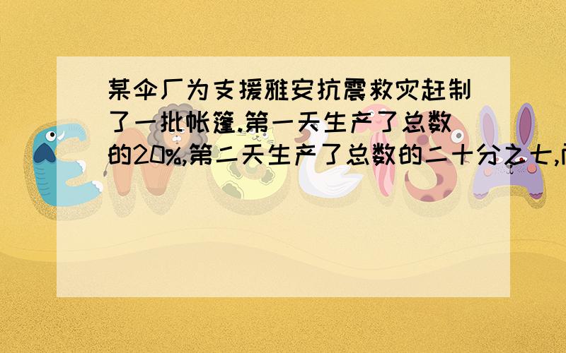 某伞厂为支援雅安抗震救灾赶制了一批帐篷.第一天生产了总数的20%,第二天生产了总数的二十分之七,两天共生产帐篷3300顶