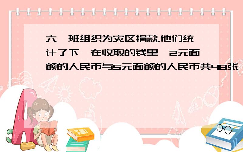 六一班组织为灾区捐款.他们统计了下,在收取的钱里,2元面额的人民币与5元面额的人民币共48张,还算出5元面额的钱数比2元