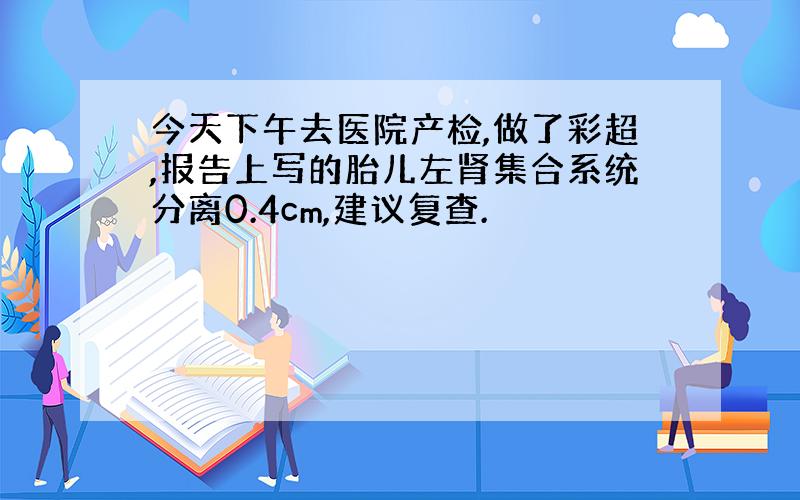 今天下午去医院产检,做了彩超,报告上写的胎儿左肾集合系统分离0.4cm,建议复查.