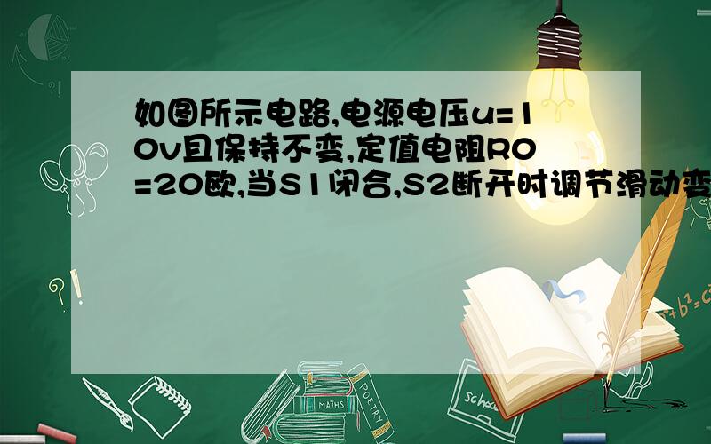 如图所示电路,电源电压u=10v且保持不变,定值电阻R0=20欧,当S1闭合,S2断开时调节滑动变阻器,使小灯泡正常发光