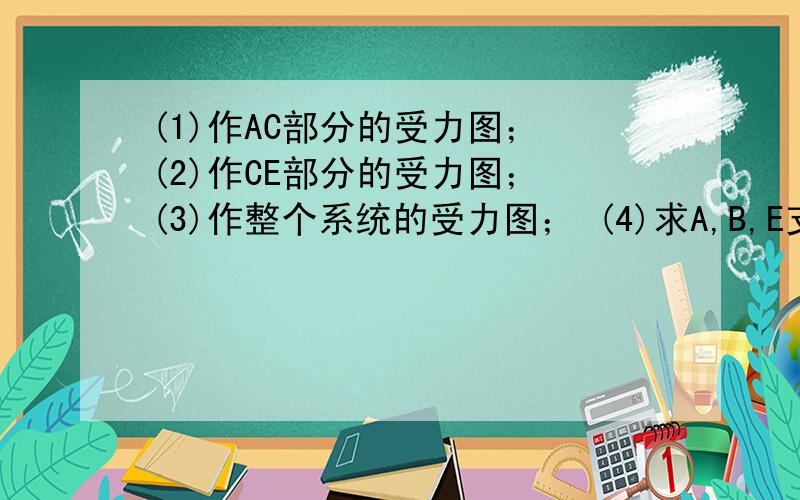 (1)作AC部分的受力图； (2)作CE部分的受力图； (3)作整个系统的受力图； (4)求A,B,E支座处的反力.