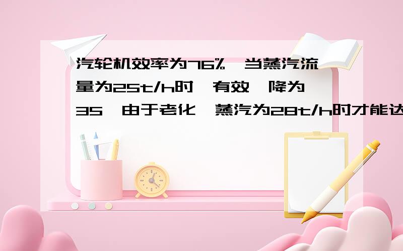 汽轮机效率为76%,当蒸汽流量为25t/h时,有效焓降为35,由于老化,蒸汽为28t/h时才能达到同样的的效果.