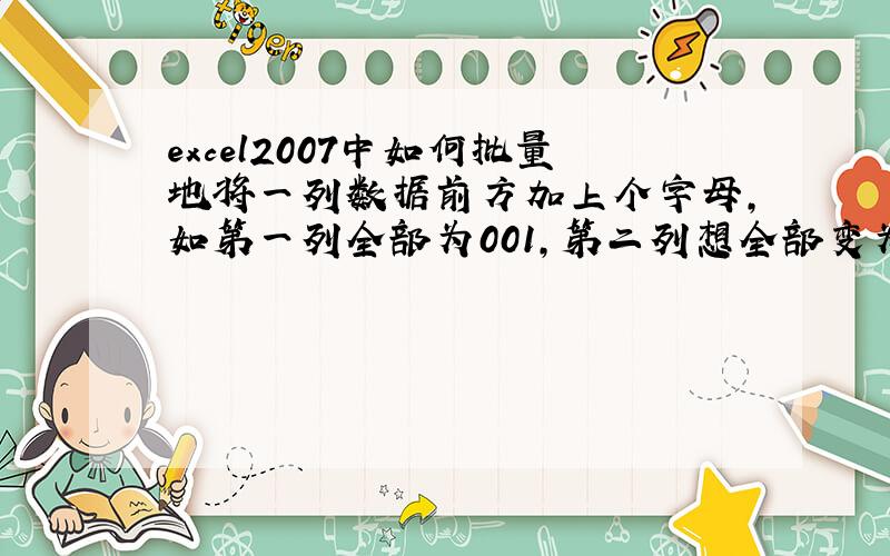 excel2007中如何批量地将一列数据前方加上个字母,如第一列全部为001,第二列想全部变为a001?