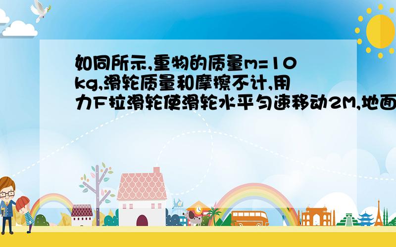 如同所示,重物的质量m=10kg,滑轮质量和摩擦不计,用力F拉滑轮使滑轮水平匀速移动2M,地面对物体的摩擦力为50N,则