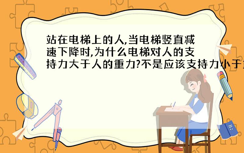 站在电梯上的人,当电梯竖直减速下降时,为什么电梯对人的支持力大于人的重力?不是应该支持力小于重力