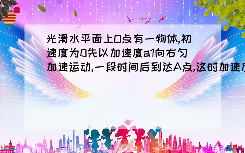 光滑水平面上O点有一物体,初速度为0先以加速度a1向右匀加速运动,一段时间后到达A点,这时加速度突然反向,且大小变为a2