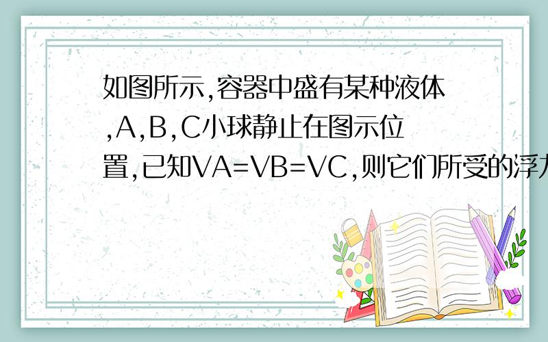 如图所示,容器中盛有某种液体,A,B,C小球静止在图示位置,已知VA=VB=VC,则它们所受的浮力　　（　　）A、FA＞