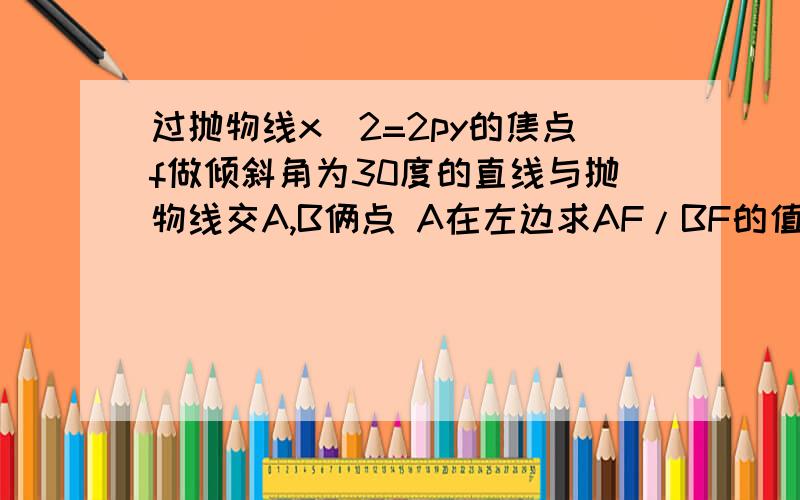 过抛物线x^2=2py的焦点f做倾斜角为30度的直线与抛物线交A,B俩点 A在左边求AF/BF的值