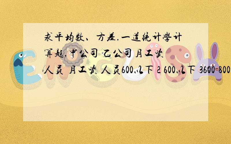 求平均数、方差.一道统计学计算题,甲公司 乙公司月工资 人员 月工资 人员600以下 2 600以下 3600-800