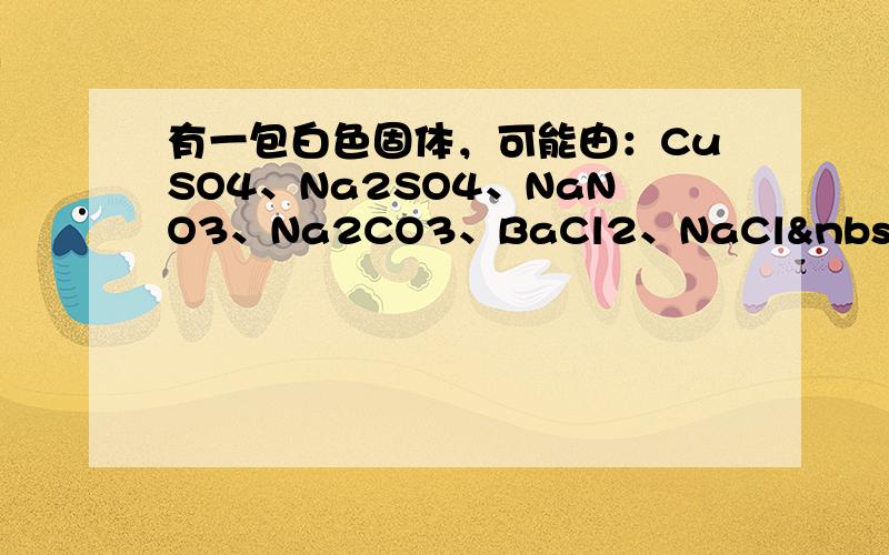 有一包白色固体，可能由：CuSO4、Na2SO4、NaNO3、Na2CO3、BaCl2、NaCl 中的一种或几