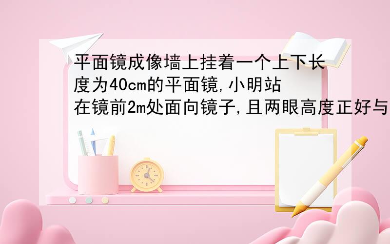 平面镜成像墙上挂着一个上下长度为40cm的平面镜,小明站在镜前2m处面向镜子,且两眼高度正好与镜子下边沿相平,他能看到的