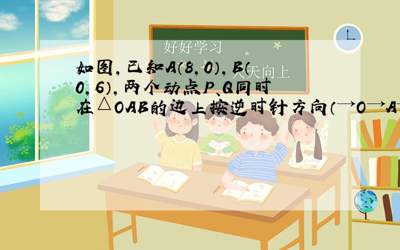 如图,已知A（8,0）,B（0,6）,两个动点P、Q同时在△OAB的边上按逆时针方向（→O→A→B→O→）运动,开始时点