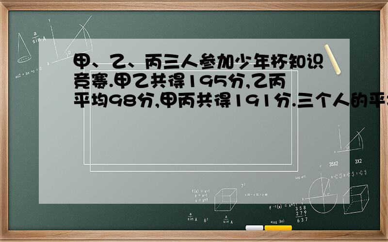 甲、乙、丙三人参加少年杯知识竞赛.甲乙共得195分,乙丙平均98分,甲丙共得191分.三个人的平均成绩是几