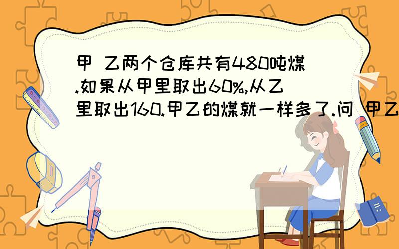 甲 乙两个仓库共有480吨煤.如果从甲里取出60%,从乙里取出160.甲乙的煤就一样多了.问 甲乙两个仓库各有多少吨煤?