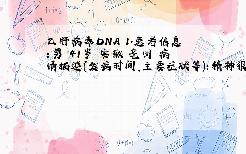 乙肝病毒DNA 1.患者信息：男 41岁 安徽 亳州 病情描述(发病时间、主要症状等)：精神很好,体力充沛.肝部隐约有不