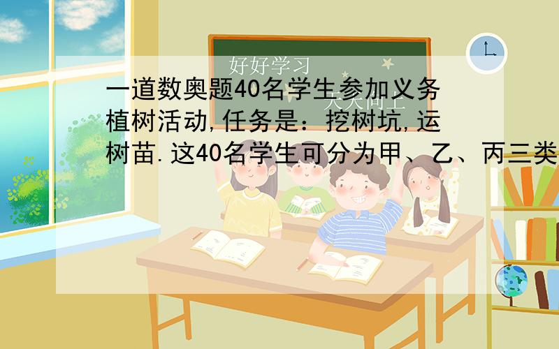 一道数奥题40名学生参加义务植树活动,任务是：挖树坑,运树苗.这40名学生可分为甲、乙、丙三类,每类学生的劳动效率如下：