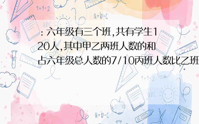 ：六年级有三个班,共有学生120人,其中甲乙两班人数的和占六年级总人数的7/10丙班人数比乙班少1/10