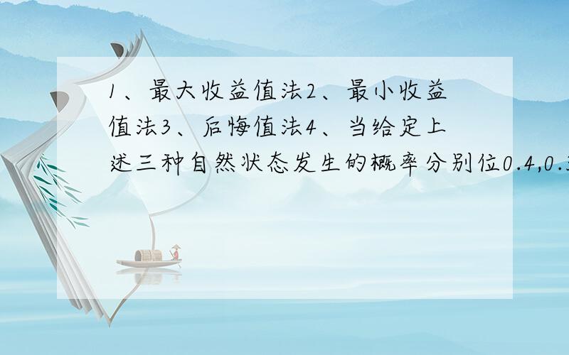 1、最大收益值法2、最小收益值法3、后悔值法4、当给定上述三种自然状态发生的概率分别位0.4,0.3,0.3时,试利用风