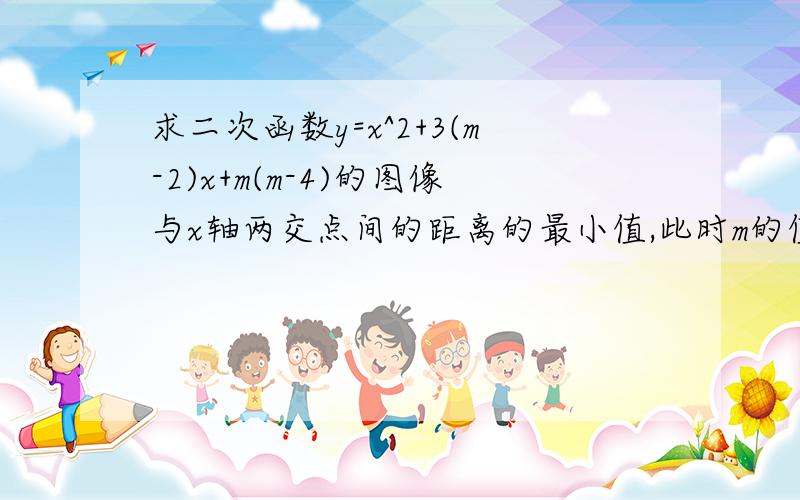 求二次函数y=x^2+3(m-2)x+m(m-4)的图像与x轴两交点间的距离的最小值,此时m的值是?