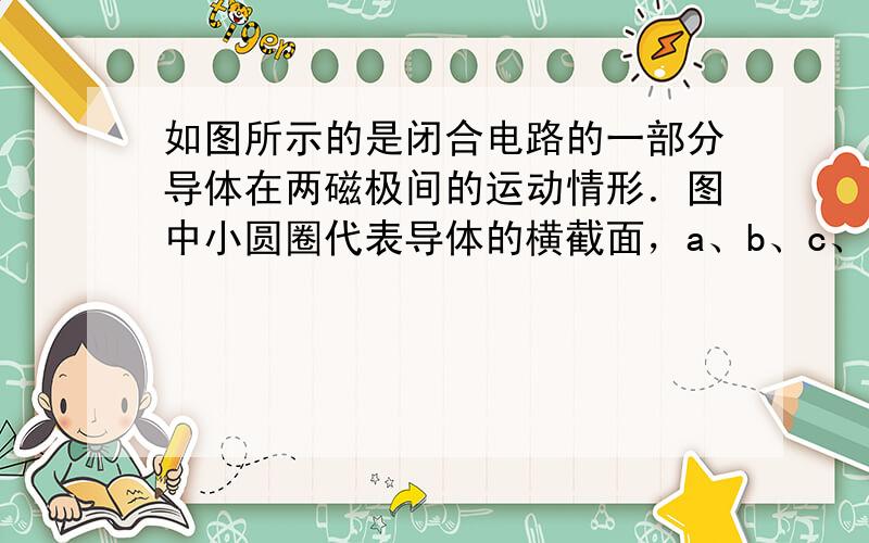 如图所示的是闭合电路的一部分导体在两磁极间的运动情形．图中小圆圈代表导体的横截面，a、b、c、d表示运动中四个不同位置．