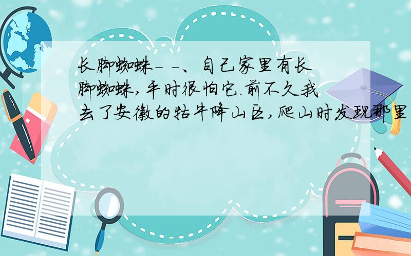 长脚蜘蛛－ －、自己家里有长脚蜘蛛,平时很怕它.前不久我去了安徽的牯牛降山区,爬山时发现那里到处都是长脚蜘蛛.满地的爬,