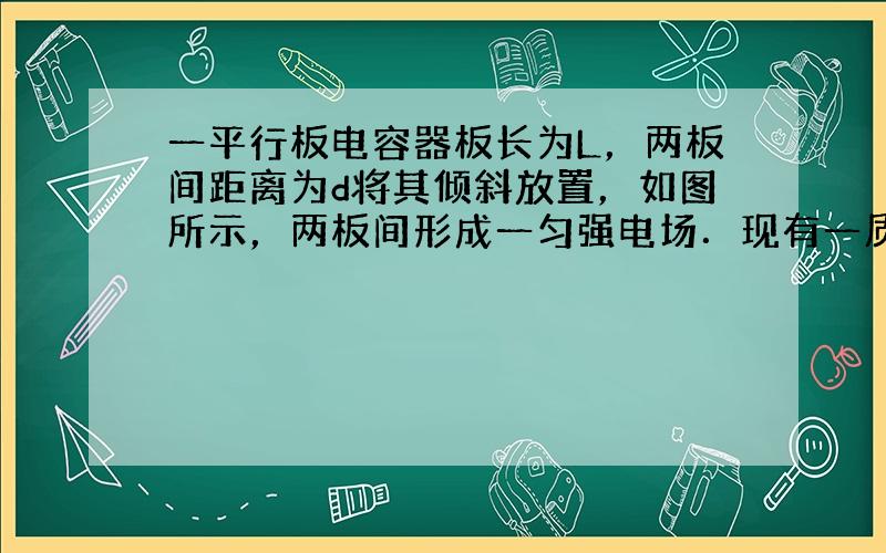 一平行板电容器板长为L，两板间距离为d将其倾斜放置，如图所示，两板间形成一匀强电场．现有一质量为m，电量为+Q的油滴以初