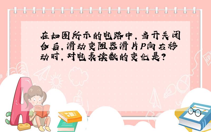 在如图所示的电路中,当开关闭合后,滑动变阻器滑片P向右移动时,对电表读数的变化是?