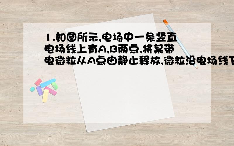 1.如图所示,电场中一条竖直电场线上有A,B两点,将某带电微粒从A点由静止释放,微粒沿电场线下落,到达B点时速度为零,为