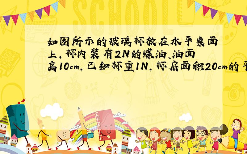 如图所示的玻璃杯放在水平桌面上,杯内装有2N的煤油、油面高10cm,已知杯重1N,杯底面积20cm的平方,求：（1）煤油