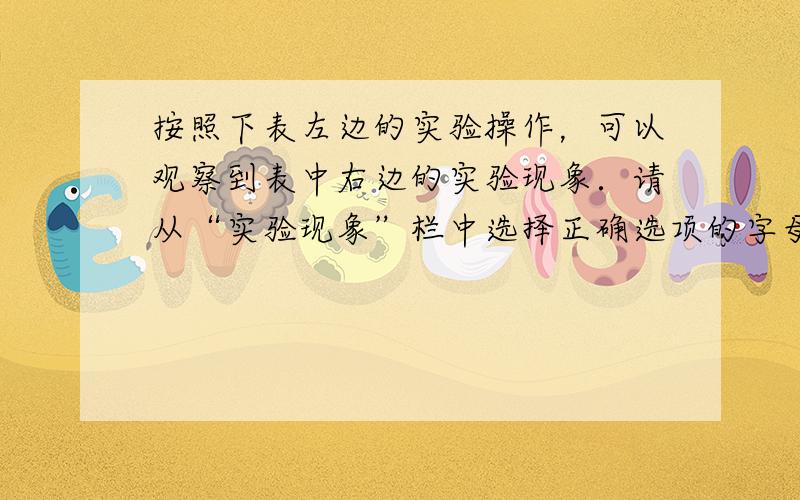 按照下表左边的实验操作，可以观察到表中右边的实验现象．请从“实验现象”栏中选择正确选项的字母代号填入对应的空格中．