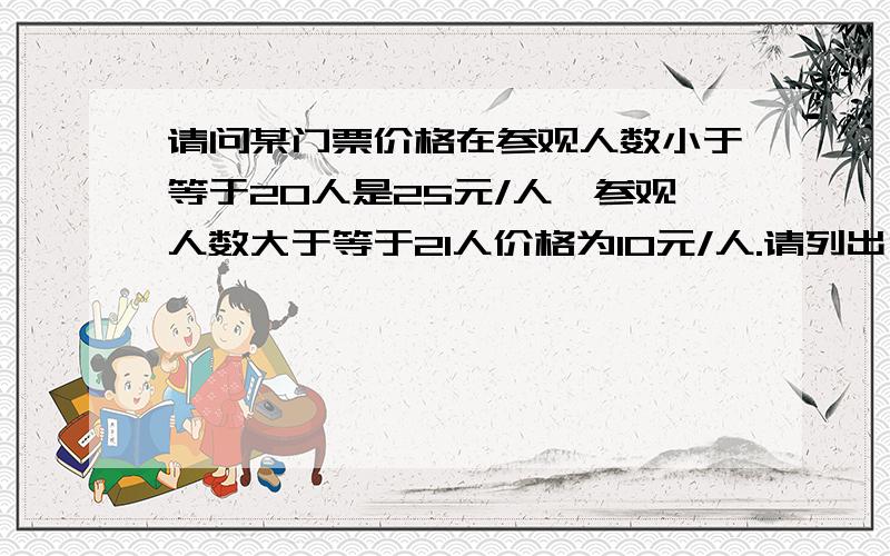 请问某门票价格在参观人数小于等于20人是25元/人,参观人数大于等于21人价格为10元/人.请列出门票价格与人数的函数关