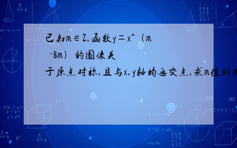 已知m∈Z,函数y＝x^﹙m²－8m﹚的图像关于原点对称,且与x,y轴均无交点,求m值的集合