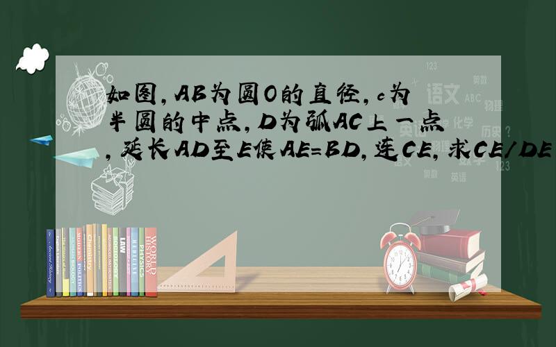 如图,AB为圆O的直径,c为半圆的中点,D为弧AC上一点,延长AD至E使AE=BD,连CE,求CE/DE