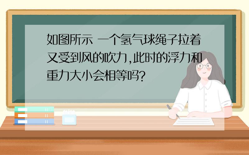 如图所示 一个氢气球绳子拉着又受到风的吹力,此时的浮力和重力大小会相等吗?