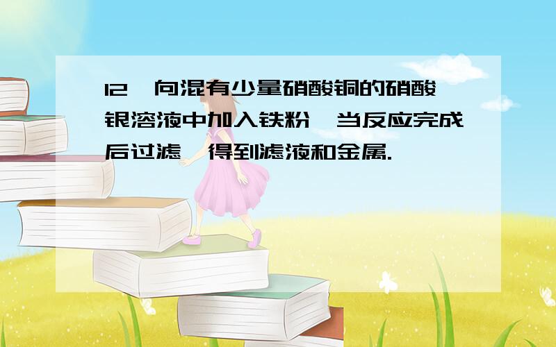 12、向混有少量硝酸铜的硝酸银溶液中加入铁粉,当反应完成后过滤,得到滤液和金属.