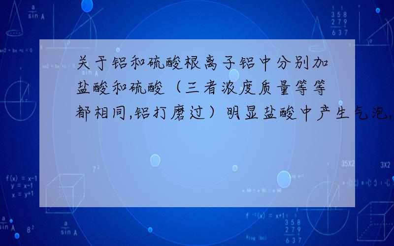 关于铝和硫酸根离子铝中分别加盐酸和硫酸（三者浓度质量等等都相同,铝打磨过）明显盐酸中产生气泡,而硫酸中几乎没有明显现象,