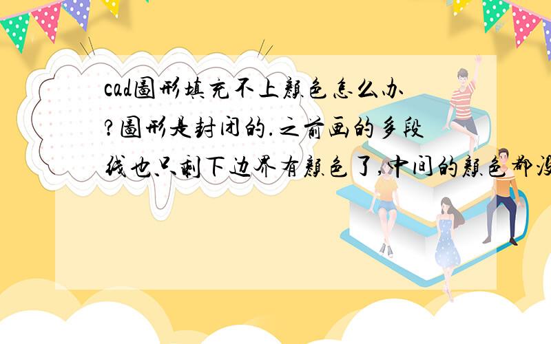 cad图形填充不上颜色怎么办?图形是封闭的.之前画的多段线也只剩下边界有颜色了,中间的颜色都没了!