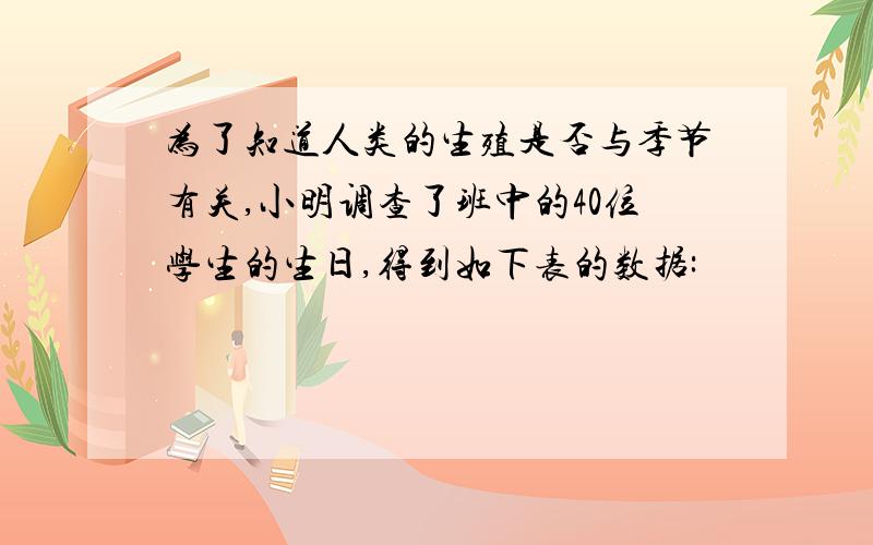 为了知道人类的生殖是否与季节有关,小明调查了班中的40位学生的生日,得到如下表的数据: