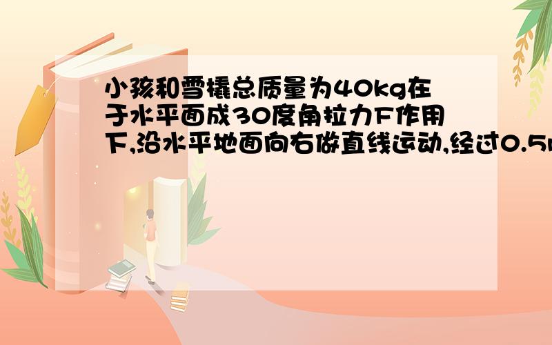 小孩和雪橇总质量为40kg在于水平面成30度角拉力F作用下,沿水平地面向右做直线运动,经过0.5m速度由0.6m/s