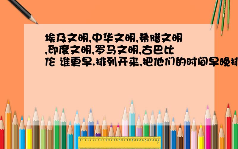 埃及文明,中华文明,希腊文明,印度文明,罗马文明,古巴比伦 谁更早.排列开来,把他们的时间早晚排序下