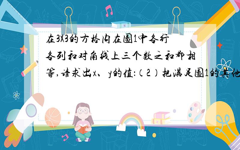 在3X3的方格内在图1中各行各列和对角线上三个数之和都相等,请求出x、y的值：（2）把满足图1的其他6个数