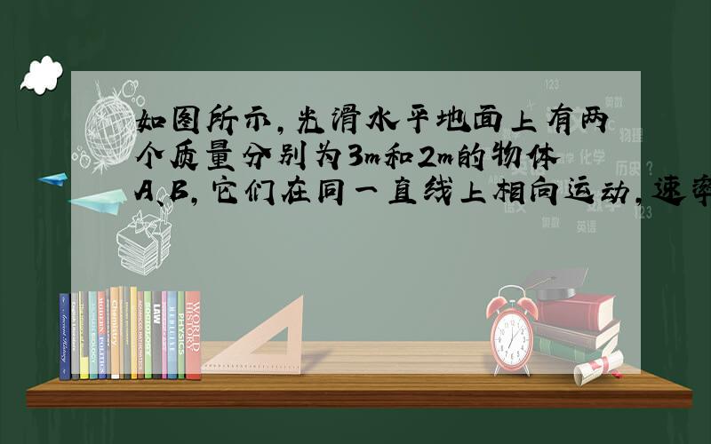 如图所示，光滑水平地面上有两个质量分别为3m和2m的物体A、B，它们在同一直线上相向运动，速率依次为2v和v．已知发生正