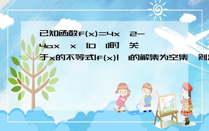 已知函数f(x)=4x^2-4ax,x∈[0,1]时,关于x的不等式|f(x)|>1的解集为空集,则满足条件的实数a的取