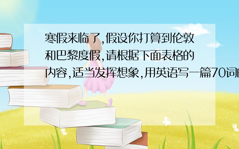 寒假来临了,假设你打算到伦敦和巴黎度假,请根据下面表格的内容,适当发挥想象,用英语写一篇70词的作文