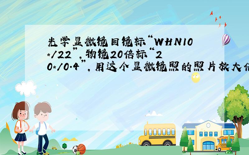 光学显微镜目镜标“WHN10*/22”,物镜20倍标“20*/0.4”,用这个显微镜照的照片放大倍数是多少?