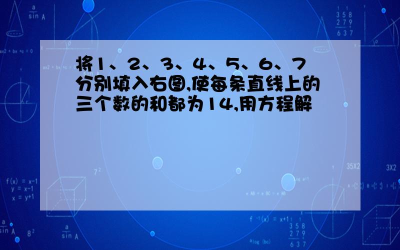 将1、2、3、4、5、6、7分别填入右图,使每条直线上的三个数的和都为14,用方程解