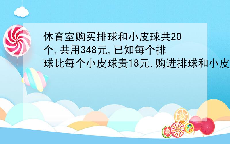 体育室购买排球和小皮球共20个,共用348元,已知每个排球比每个小皮球贵18元.购进排球和小皮球各多少个?